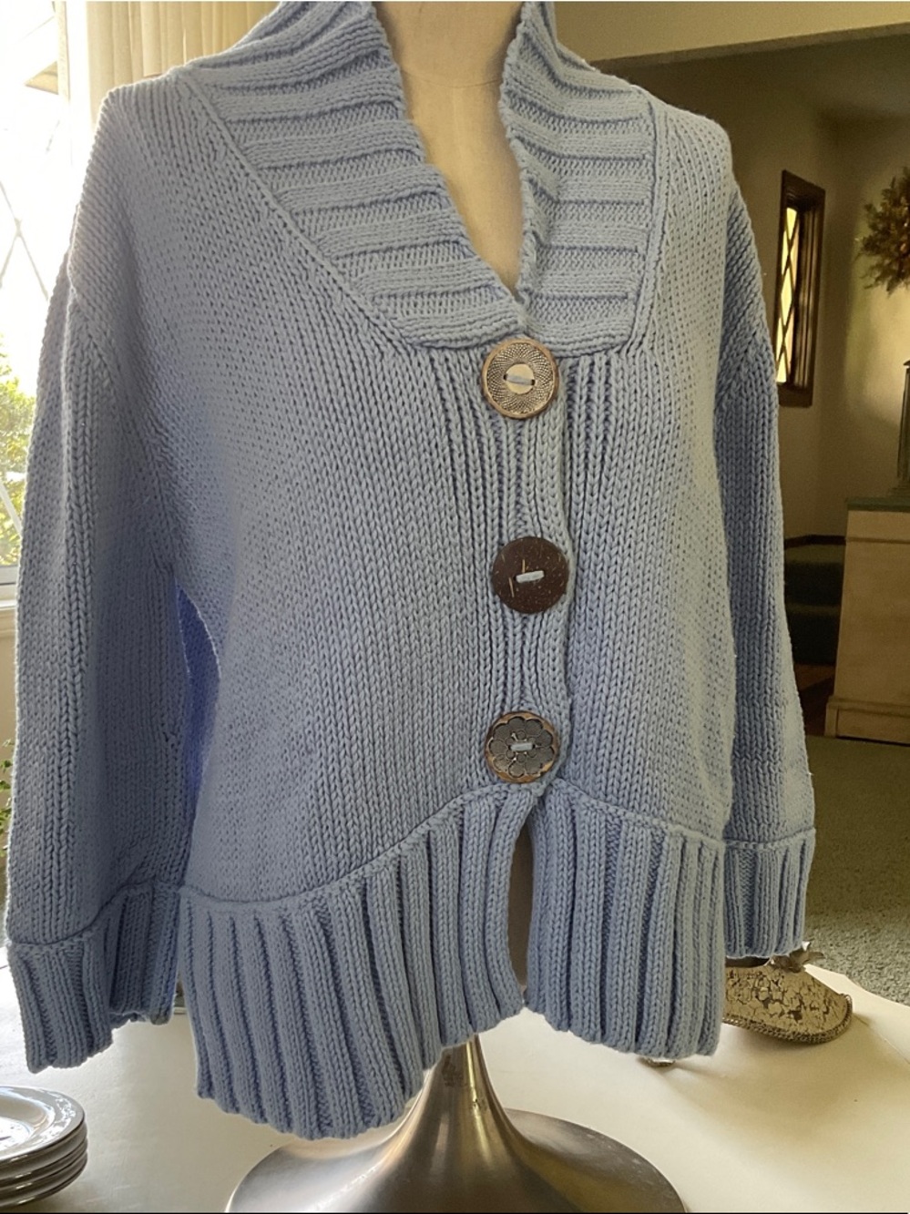 Women's Light Blue Button-Front Knit Cardigan with Shawl Collar